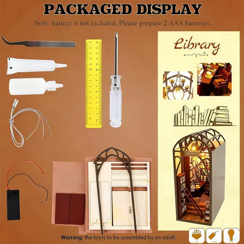 Miniatura 7 de Kit de rincón de libros para bricolaje con luces LED, rompecabezas de madera 3D para insertar en estantería y decoración de casa de muñecas, kit