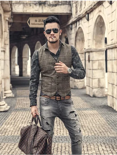 Miniatura 6 de Chaleco de traje vintage para hombre, de tweed a cuadros, ajuste regular, para padrinos de boda, Negro