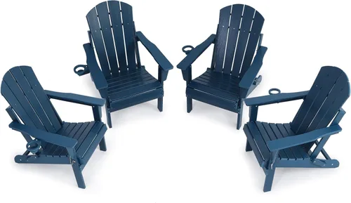 Miniatura 8 de Silla Adirondack plegable de HDPE, silla de patio al aire libre con soporte para tazas, silla de césped de grano de madera resistente a