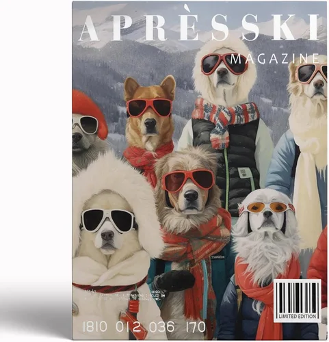 Póster de perro de esquí de Apres – Arte de pared de perros lindos, decoración de cabaña de esquí vintage, carrito de bar retro, arte de invierno, 12