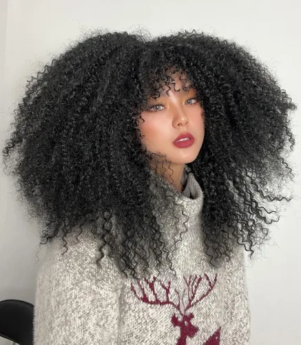 Miniatura 2 de Sweece - Peluca afro larga y rizada con flequillo para mujeres negras, peluca de cabello rizado de 17 pulgadas (17 pulgadas, negro)