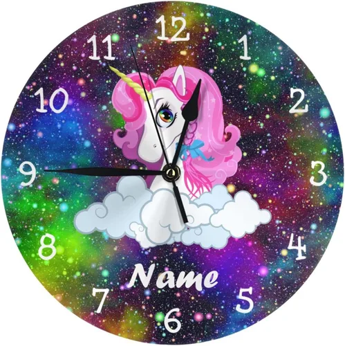 Miniatura 12 de Reloj de pared personalizado con diseño de unicornio y rosa con purpurina para habitación de los niños, reloj de pared personalizado con nombre