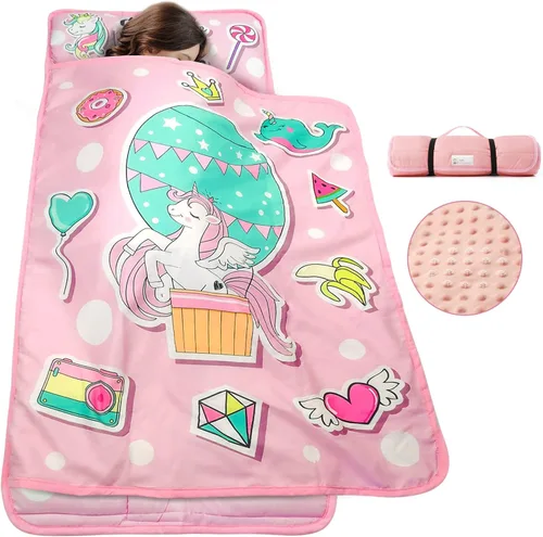 Miniatura 10 de TANOSHII® Tapete para siesta para niños pequeños con almohada y manta, tapete portátil para dormir para niños, para guardería, preescolar, 21 x 53