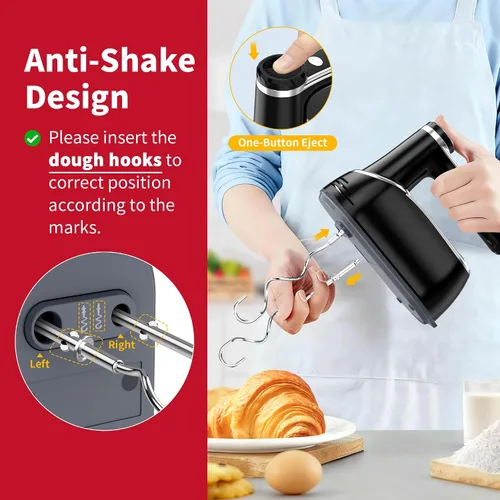 Miniatura 7 de binROC Batidora de mano eléctrica inalámbrica, mezcladora de mano recargable de 12 velocidades con botón de expulsión, 6 accesorios de acero Negro
