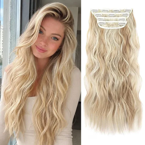 Miniatura 28 de 4 extensiones de cabello sintético con clip, extensiones de cabello rizado de 20 pulgadas de largo con clip (color: marrón medio)