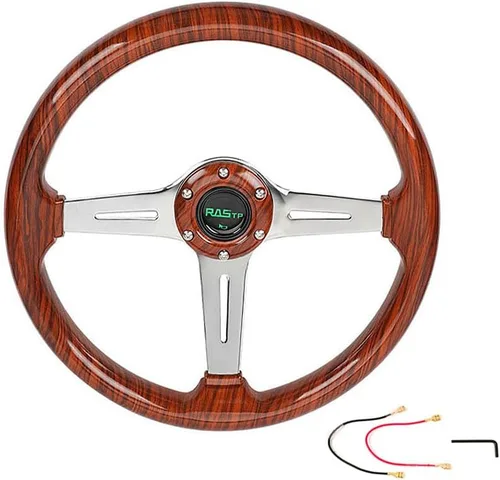 Volante universal de 350 mm con 6 pernos, de grano de madera, de acrílico, de hondo y ranurado, con 3 radios ranurados y botón de bocina para