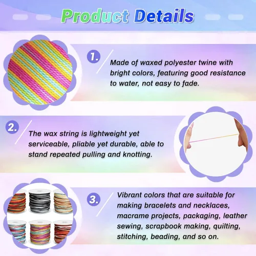 Miniatura 2 de Cuerda de cera de color arcoíris para hacer pulseras, cordón de pulsera de hilo encerado, cuerda de poliéster encerado para hacer joyas, pulseras