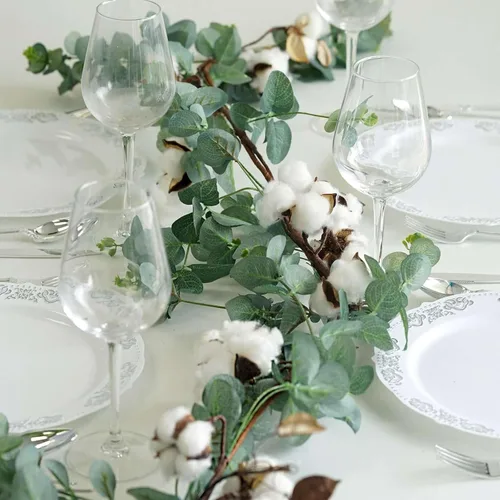 Miniatura 10 de Efavormart - Guirnalda artificial de hojas de álamo verde de 5 pies, vid verde exuberante al tacto real para grandes banquetes de mesa y decoración