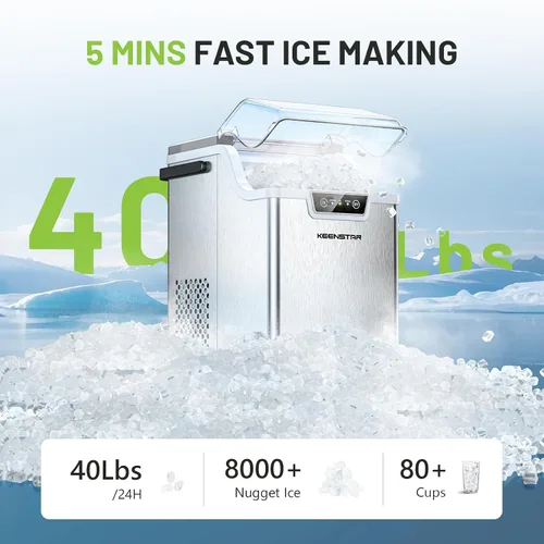 Miniatura 3 de KEENSTAR Máquina de hielo para encimera de pepitas con hielo masticable suave, máquina de hielo de guijarros de 40 libras/24 horas para el hogar