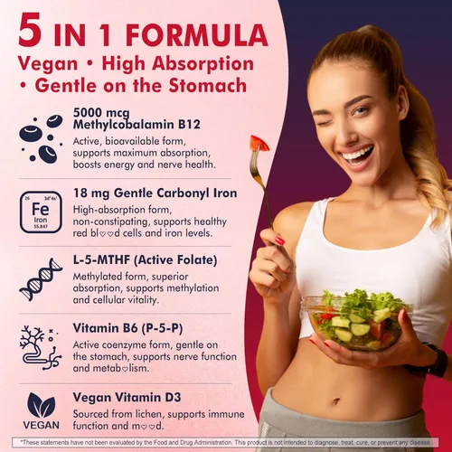 Miniatura 7 de Gomitas B12 metiladas 5000mcg/10000mcg y L-metilfolato 400mcg + hierro 18mg, B6, D3 para mujeres y hombres, vitamina metil B12 con folato