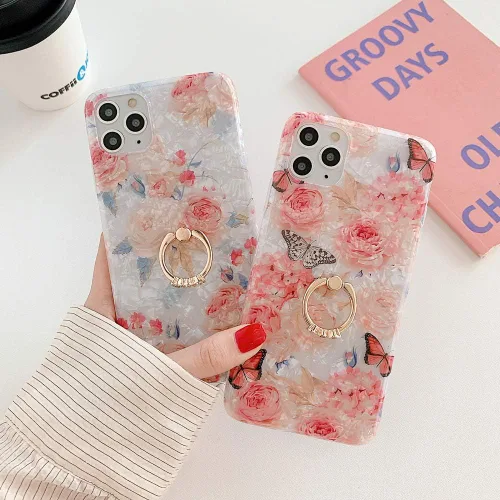 Miniatura 8 de Qokey - Funda compatible para iPhone XR, hermoso diseño de flores, para mujer y niña, con anillo giratorio de 360 grados, TPU suave, a prueba