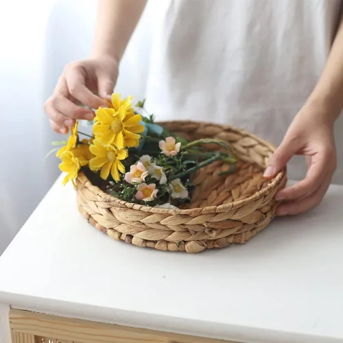 Miniatura 5 de Bandeja de frutas tejida por hierba, contenedores redondos para verduras, artes y manualidades (pequeño)