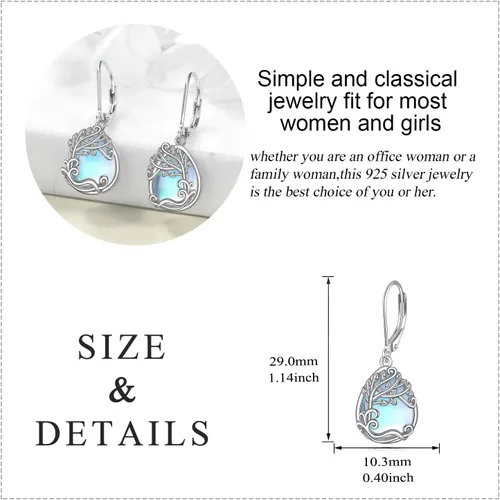 Miniatura 5 de Aretes colgantes con forma de lágrima de filigrana de piedra lunar de plata de ley 925 con cierre de palanca para mujer, regalos de joyería