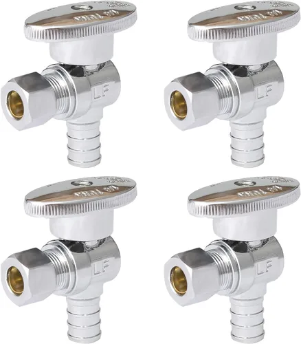 Válvula de parada angular, válvula de cierre de ángulo de compresión de 1/2 pulgada Pex X 3/8 pulgadas OD con encendido/apagado de 1/4 (paquete de