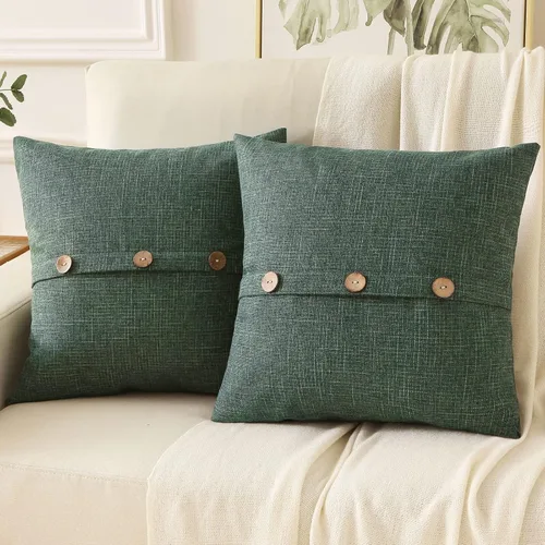 HAUSSY - Fundas de almohada decorativas de lino verde esmeralda de 56 x 56 cm, juego de 2, con 3 botones vintage, funda cuadrada para sofá, cama,