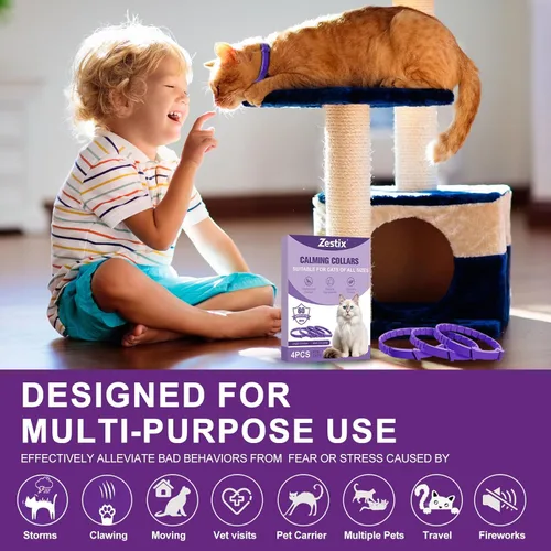 Miniatura 3 de 4 collares calmantes para gatos con feromonas y lavanda, diseño impermeable ajustable, alivio de ansiedad de 30 días, para el estrés y viajes