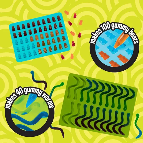 Miniatura 4 de Moldes de silicona para caramelos de oso y gusano, paquete de 4 moldes de chocolate sin BPA con 2 goteros, bandejas de hornear flexibles Oso de goma