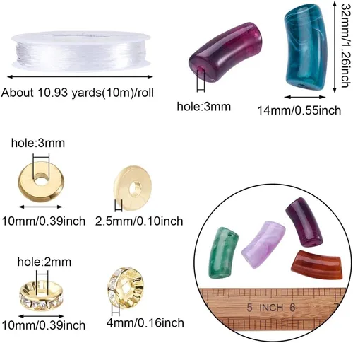 Miniatura 6 de 40 cuentas de tubo de imitación de piedras preciosas acrílicas, coloridas cuentas curvas acrílicas opacas gruesas con cuentas de disco espaciador