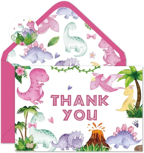 Miniatura 10 de Whaline Paquete de 24 tarjetas de agradecimiento de dinosaurio, tarjetas de felicitación jurásicas verdes con sobres, tarjetas de notas en blanco