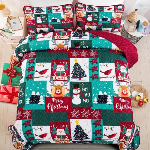 WONGS BEDDING Juego de edredón de Navidad tamaño Queen, juego de ropa de cama con estampado de Papá Noel, alce, copo de nieve y árbol de Navidad con