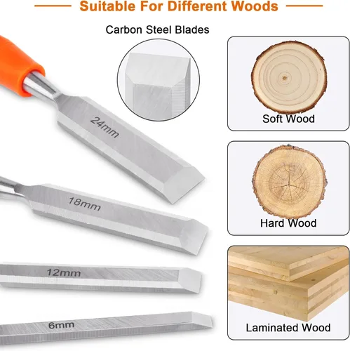 Miniatura 4 de Juego de 4 cinceles de madera para carpintería, cinceles de madera para carpintería con extremo de martillo de acero, herramientas de madera, juego