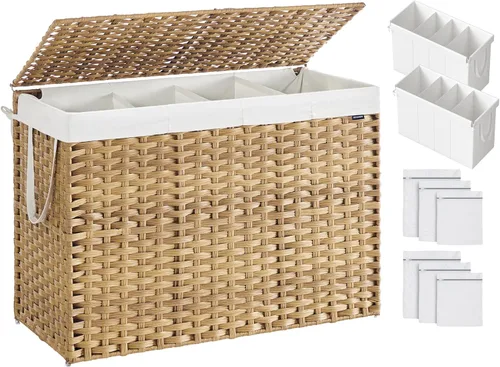 Miniatura 18 de SONGMICS Cesta de lavandería con tapa, cesta de ropa de 110 litros con 2 bolsas de forro extraíbles, 6 bolsas de malla, canasta de mimbre para Gris