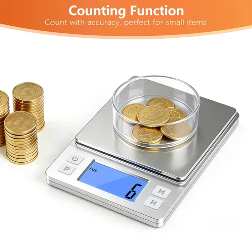 Miniatura 4 de BOMATA Báscula de joyería de alta precisión de 0.00 oz, báscula digital de 35.27 oz con función de sujeción, tara y conteo, diseño pequeño y Plateado