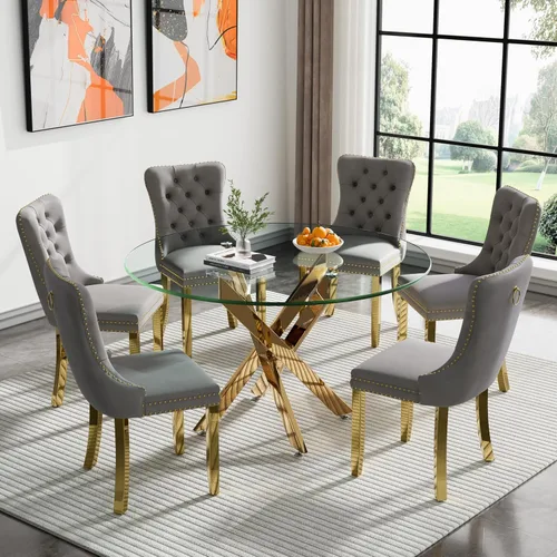 Miniatura 14 de Juego de mesa de comedor de vidrio de 47.24 pulgadas para 6, juego de mesa redonda dorada de 7 piezas con 6 sillas tapizadas de terciopelo, mesa