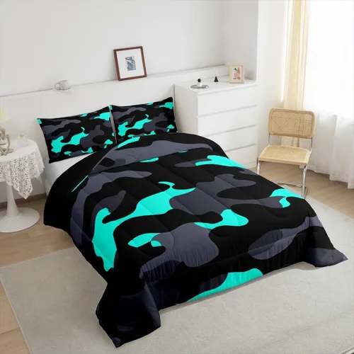 Miniatura 4 de Erosebridal Juego de edredón de camuflaje verde azulado, juego de ropa de cama de camuflaje gris y negro, juego de ropa de cama moderno de arte Camo