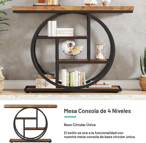 Miniatura 6 de Tribesigns Mesa de Consola de 41.3", Mesa Industrial de 4 Niveles para Sofá Mesa de Entrada con Base Circular, Mesas de Acento de Madera Estrechas