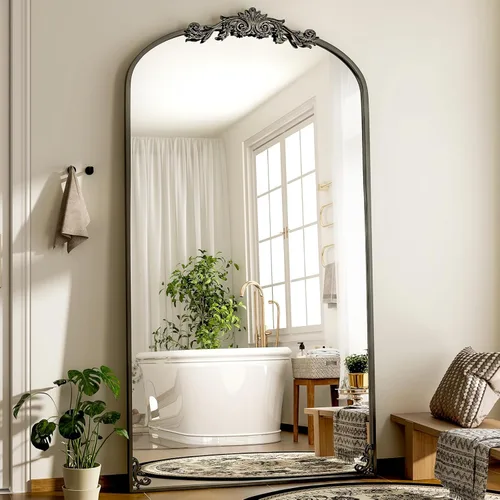 GLSLAND Espejo Vintage - 72" x 44" Espejo de Cuerpo Completo Grande Tallado Arqueado con Marco de Metal Barroco Espejos de Cuerpo Completo para Negro