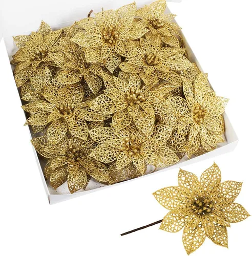 Miniatura 2 de Supla Paquete de 24 piezas de flores de Pascua doradas con purpurina dorada para árbol de Navidad, adornos de 5.9 pulgadas de ancho para coronas