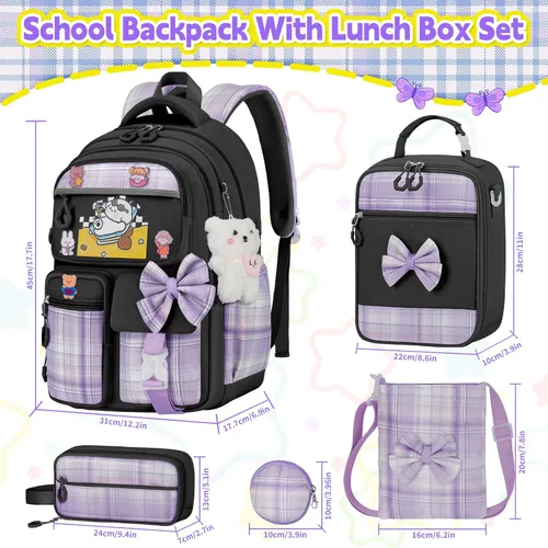 Miniatura 2 de Mochila para niñas con juego de lonchera, 5 piezas, color negro, linda mochila Kawaii para adolescentes, mochila escolar estética para primaria