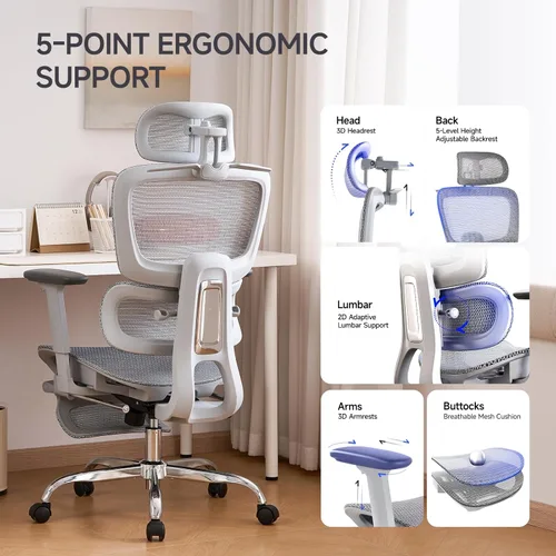 Miniatura 4 de Silla de oficina con reposapiés, silla ergonómica con reposacabezas 3D, silla de computadora con respaldo ajustable y reposabrazos 3D, silla de Gris