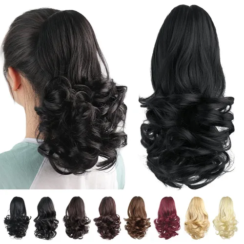 Miniatura 28 de Extensiones de cola de caballo, extensiones de cabello rizado con clip de garra de color marrón oscuro para mujer, peluca sintética de cola