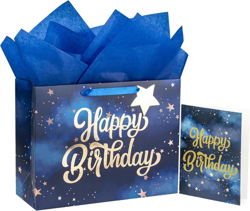 WRAPAHOLIC Bolsa de regalo grande de 13 pulgadas con tarjeta y papel de seda, papel de estrella azul marino dorado feliz cumpleaños Azul marino -