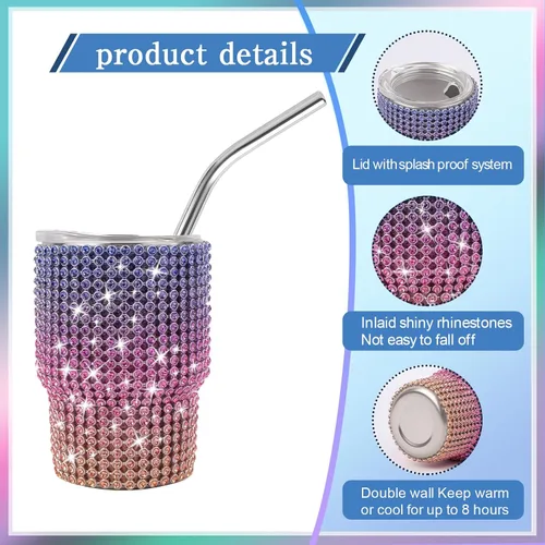 Miniatura 3 de INSTOME Vaso de Chupito Tumbler con Brillos de 3 oz - Mini Vasos con Incrustaciones de Pedrería con Pajitas, Brillo Tipo Diamante para Fiestas