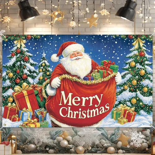 HOMETITUTE Cartel de Feliz Navidad de Papá Noel de 71 x 43 pulgadas, telón de fondo navideño con bolsa de regalo y árbol de Navidad para interiores