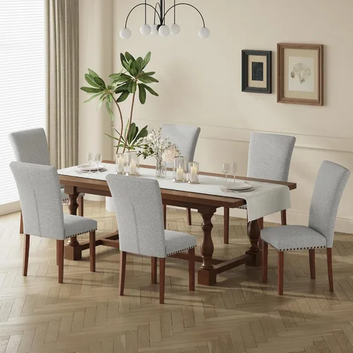 Miniatura 12 de COLAMY Juego de 6 sillas de comedor tapizadas Parsons, sillas laterales de tela para comedor y cocina con ribete de tachuelas y patas de madera