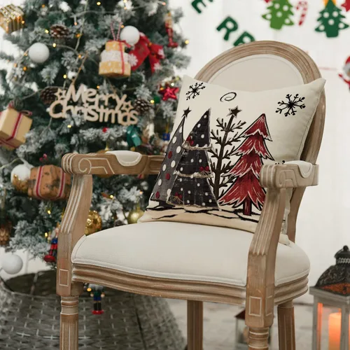 Miniatura 2 de AVOIN colorlife Funda de cojín decorativo de árboles de Navidad a cuadros búfalo rojos y negros acuarela, 16 x 16 pulgadas, funda de cojín