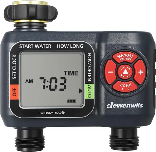 DEWENWILS Temporizador de manguera de agua de 2 zonas: temporizador de rociador programable con retardo de lluvia, riego manual y riego automático