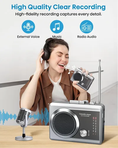 Miniatura 2 de Reproductor de grabadora de casete portátil y radio AM/FM, reproductor de cinta de casete compacto con conector para auriculares de 0.138 in