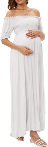 Miniatura 3 de ZIUMUDY Vestido de maternidad con hombros descubiertos y abertura lateral largo para sesión de fotos, vestido de baby shower fluido