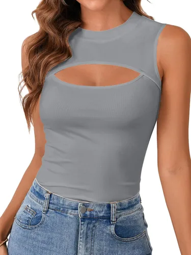 Miniatura 17 de Vrtige Camiseta sin mangas sexy con cuello redondo para mujer, de punto acanalado, sin mangas, ajustada