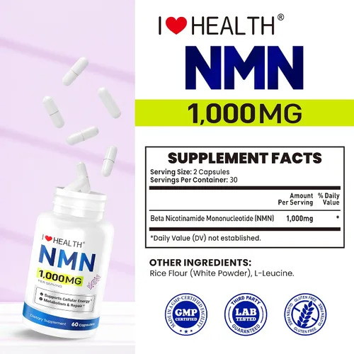 Miniatura 6 de Suplemento NMN de 1000 mg por porción, 99.9% mononucleótido de nicotinamida pura, NAD+ apoya la energía celular y el envejecimiento saludable