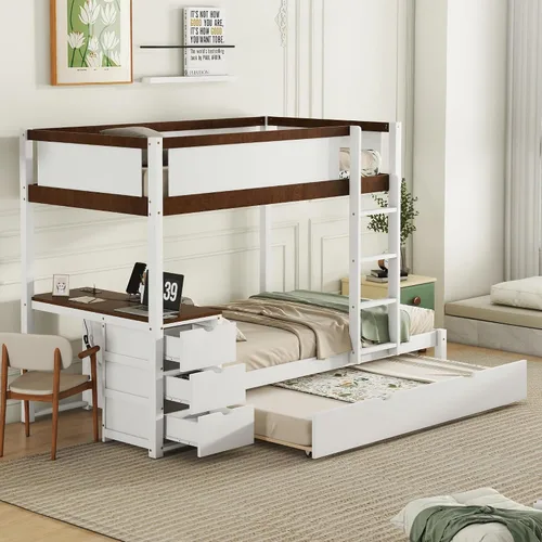 Miniatura 11 de Litera individual sobre individual con nido de tamaño individual y 3 escaleras de almacenamiento, base de cama de madera con barandilla de seguridad