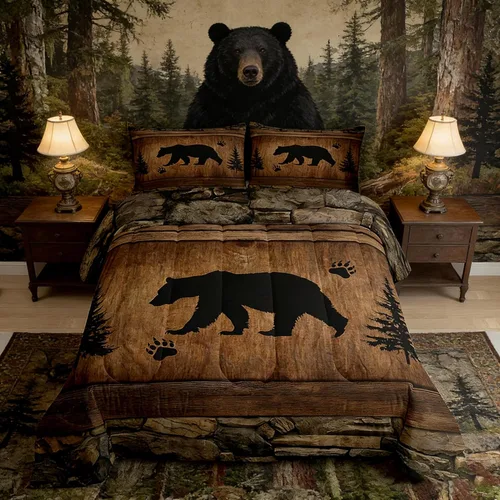Juego de edredón rústico de oso tamaño completo, juego de ropa de cama de caza de animales salvajes de 3 piezas, edredón de plumón vintage de cabaña