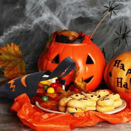 Miniatura 5 de Elcoho Paquete de 30 bolsas no tejidas de Halloween para pedir dulces o trucos, bolsas de calabaza, bolsas de regalo con asas, recuerdos de fiesta