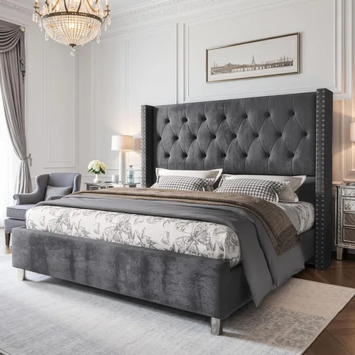 Miniatura 11 de PaPaJet Marco de Cama Queen Tapizado con Cabecera Alta, Cama de Plataforma Wingback, Terciopelo Capitoné de Perfil Bajo, No Necesita Somier, Fácil