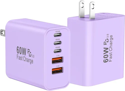 Miniatura 13 de Bloque de cargador de pared rápido USB C, paquete de 2 cubos de carga USBC de 60 W, adaptador de corriente PD+QC de 5 puertos ladrillo multipuerto